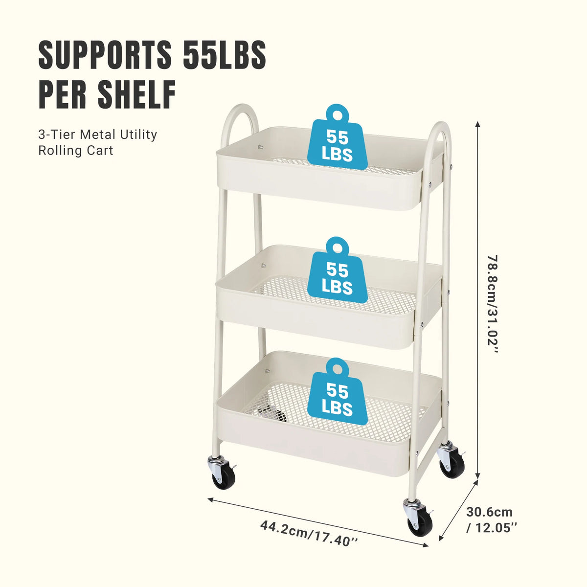 JHK Three Tier Metal Rolling Storage Cart With Lockable Wheels