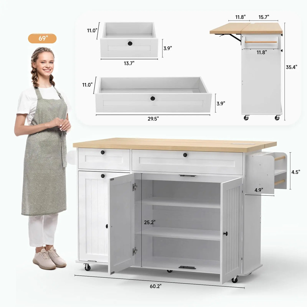 Onbrill Mobile Kitchen Island Wooden Cart With Power Outlet