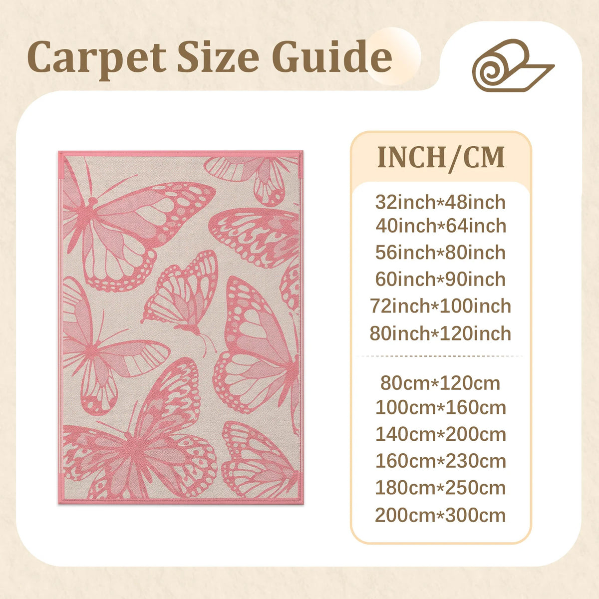 Large Indoor Area Rug, Soft Velvet Low Pile Floor Rug with Pink Butterfly Pattern, Non-Slip Dotted Backing, Machine Washable Decorative Carpet for Living Room, Bedroom, Girls' Room