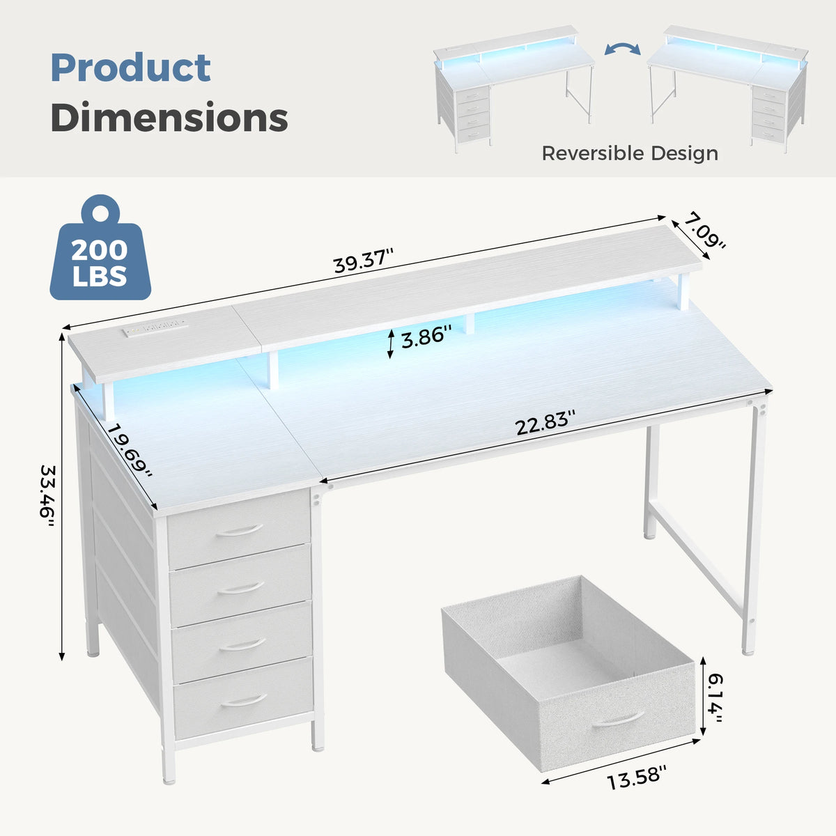 JHK Gaming Computer Desk With Storage Drawers And LED Lights