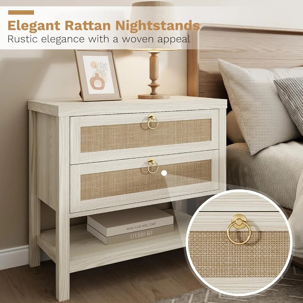Modern Rattan Bedroom Nightstands With Drawers And Storage Shelf