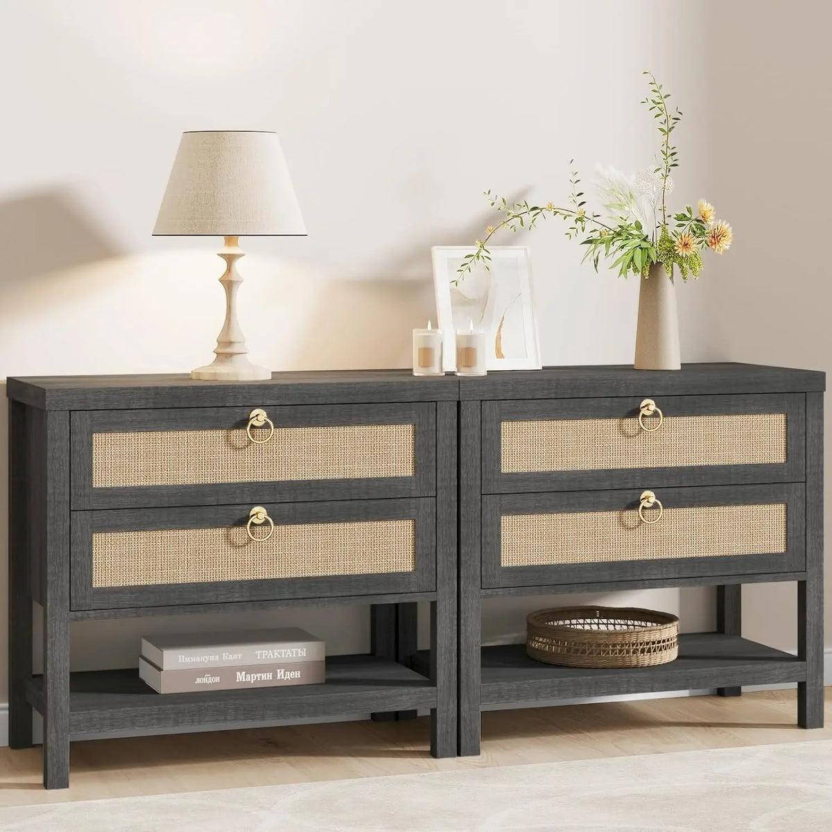 Modern Rattan Bedroom Nightstands With Drawers And Storage Shelf