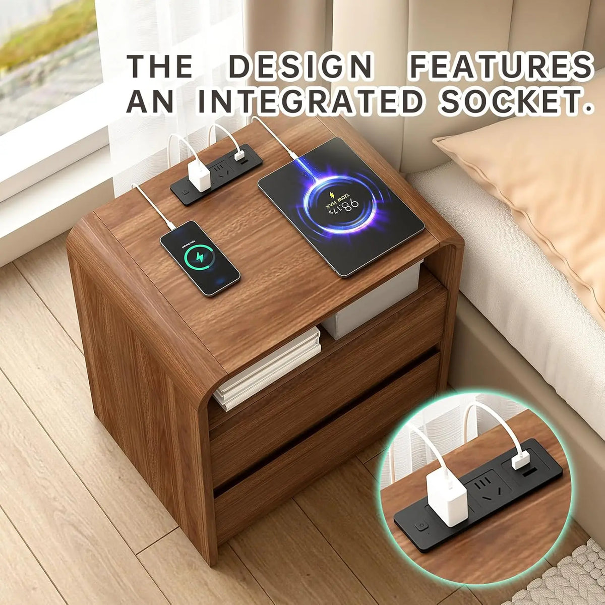 23.6" Walnut Nightstand with Charging Station, Anti-Collision Mid Century Modern Bedside Table with 500 LB, Customized