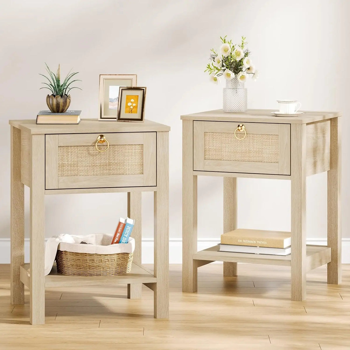 Modern Rattan Bedroom Nightstands With Drawers And Storage Shelf