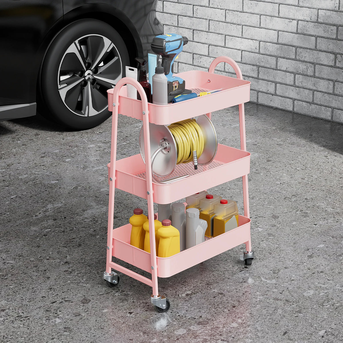JHK Three Tier Metal Rolling Storage Cart With Lockable Wheels