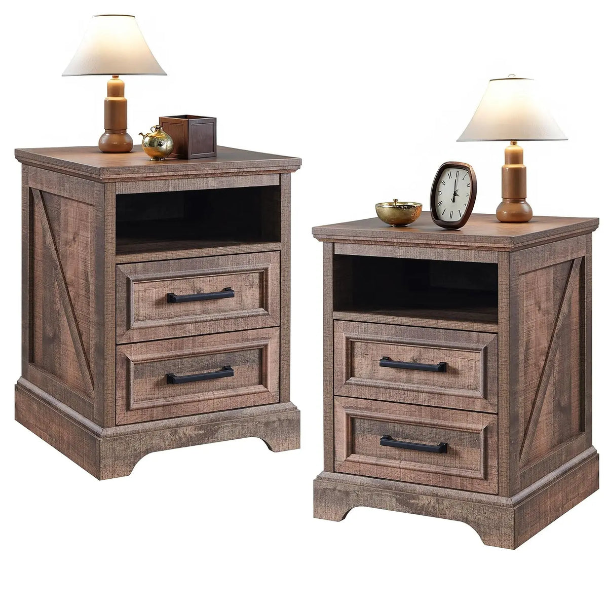 Farmhouse Nightstands Featuring Two Storage Drawers And Charging Station
