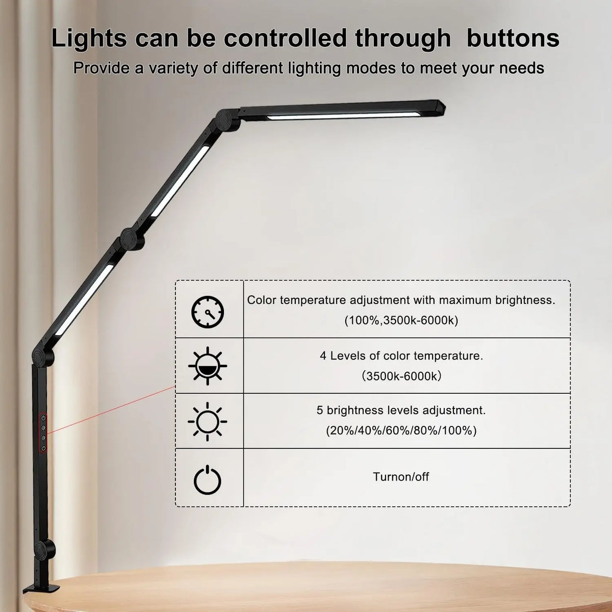 LED Desk Lamp With Flexible Swing Arm And Touch Dimmer