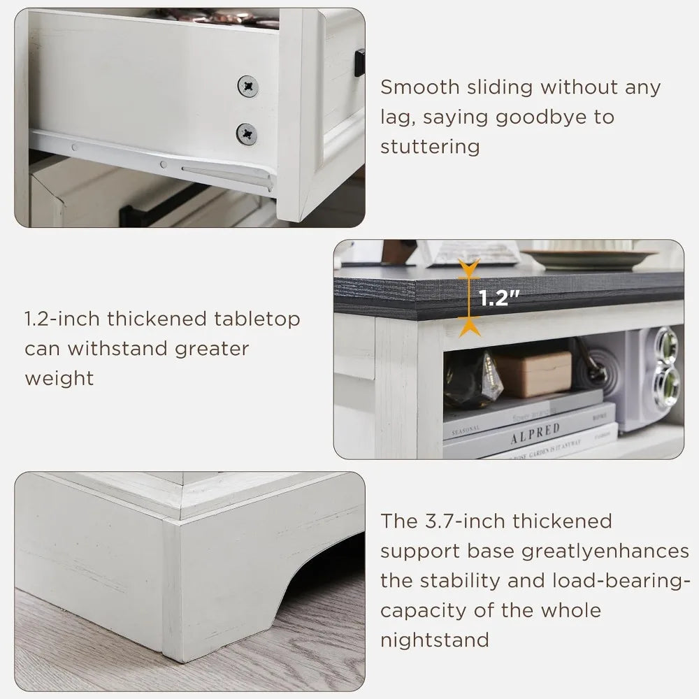 Farmhouse Nightstands Featuring Two Storage Drawers And Charging Station