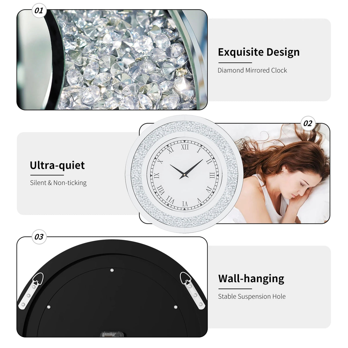 Crush Diamond Twinkle Bling Decorative Mirror Wall Clock With Alarm