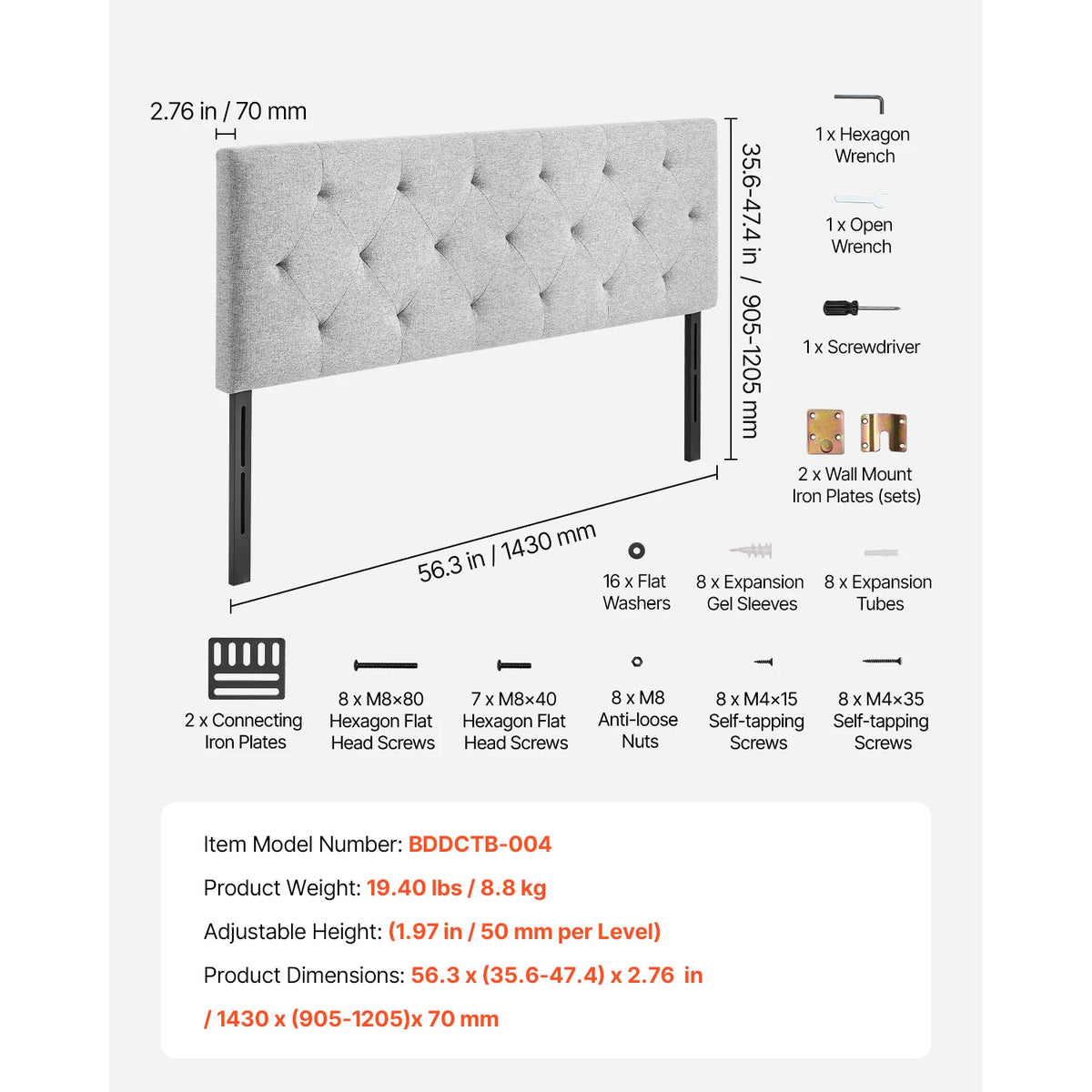 SucceBuy Diamond Tufted Adjustable Height Headboard For Modern Beds