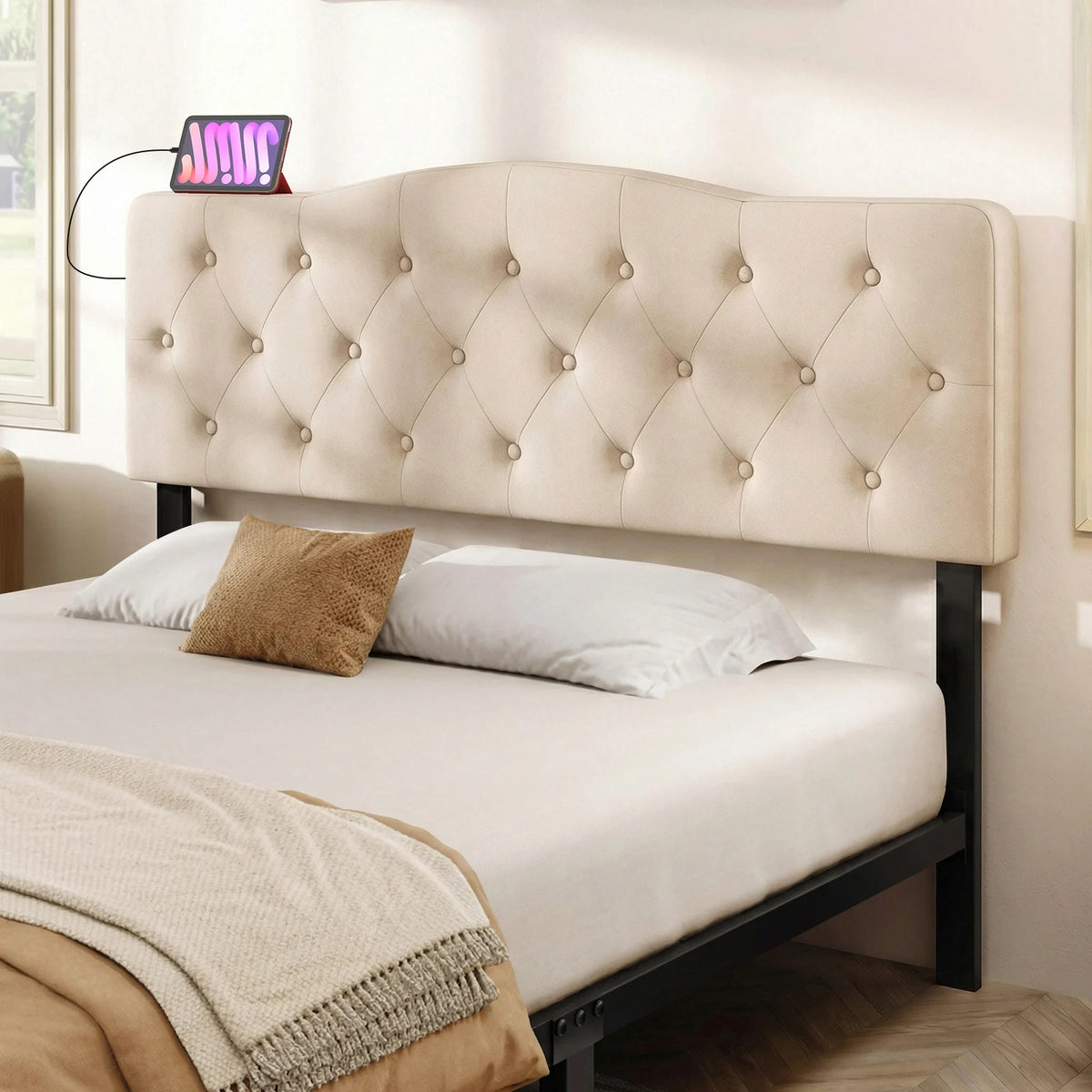 Homasis Tufted Upholstered Headboard With Integrated AC Outlets