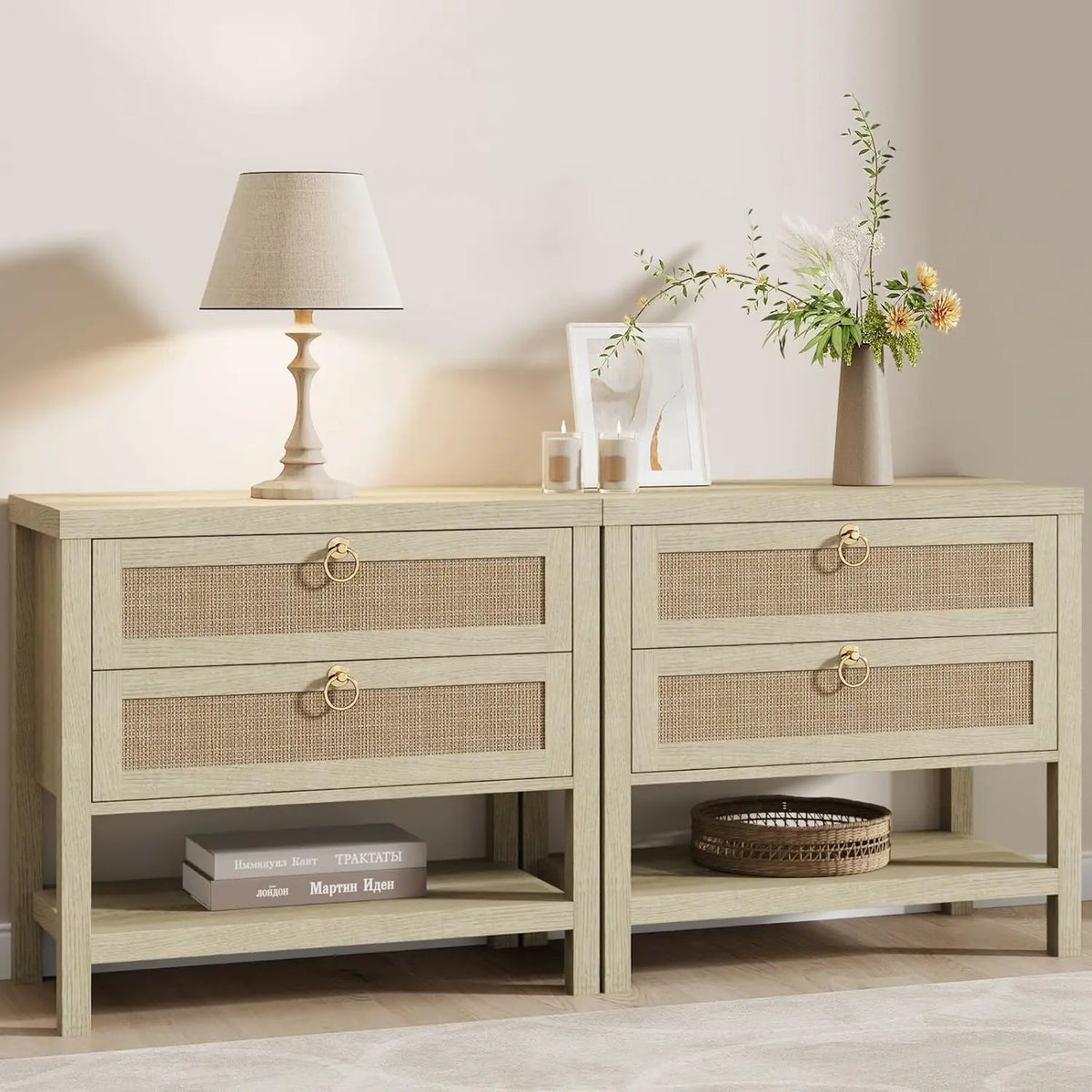 Modern Rattan Bedroom Nightstands With Drawers And Storage Shelf