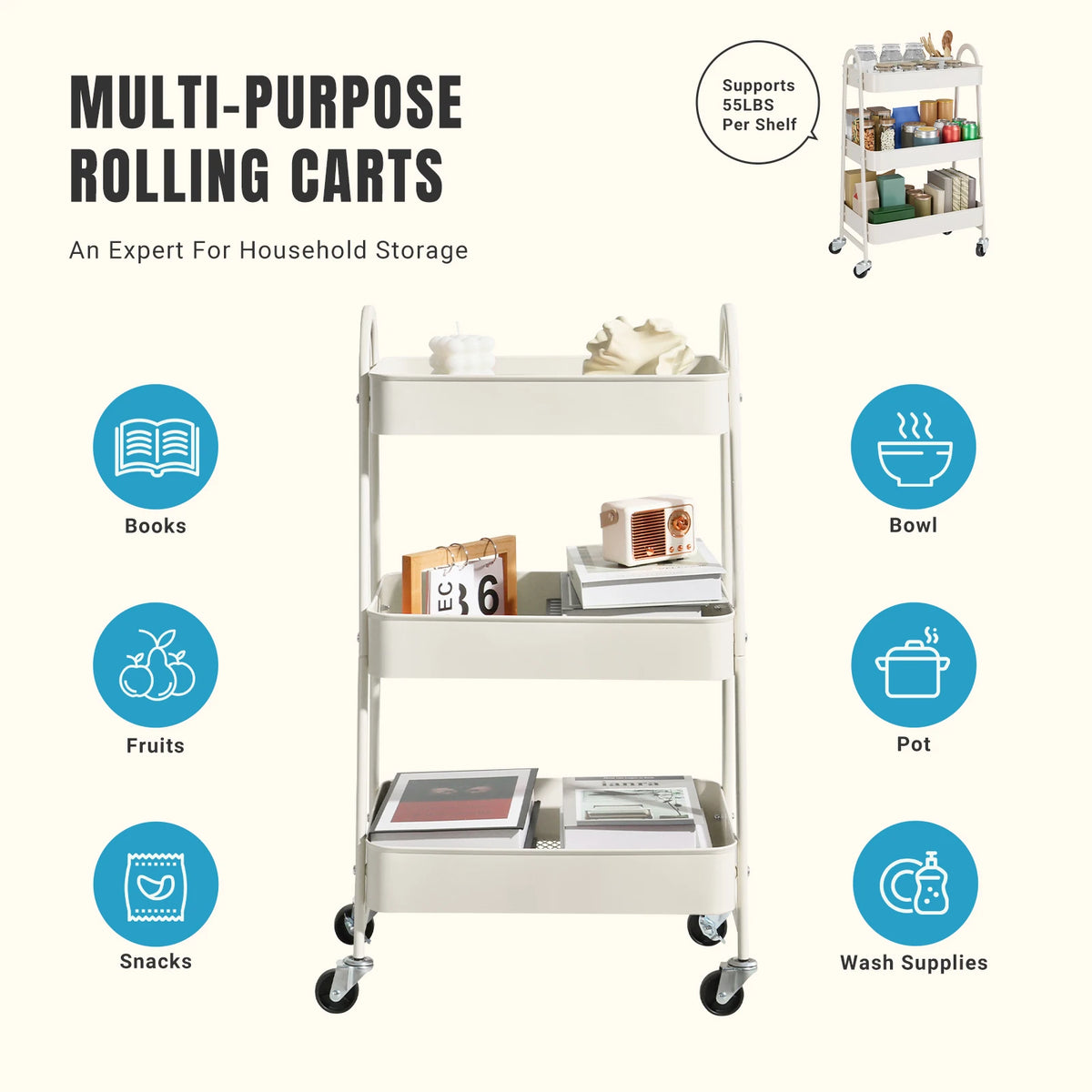 JHK Three Tier Metal Rolling Storage Cart With Lockable Wheels