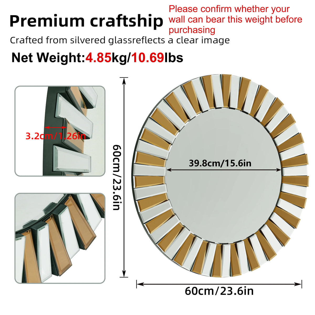 Elegant Starburst Round Glass Wall Mirror For Home Decor