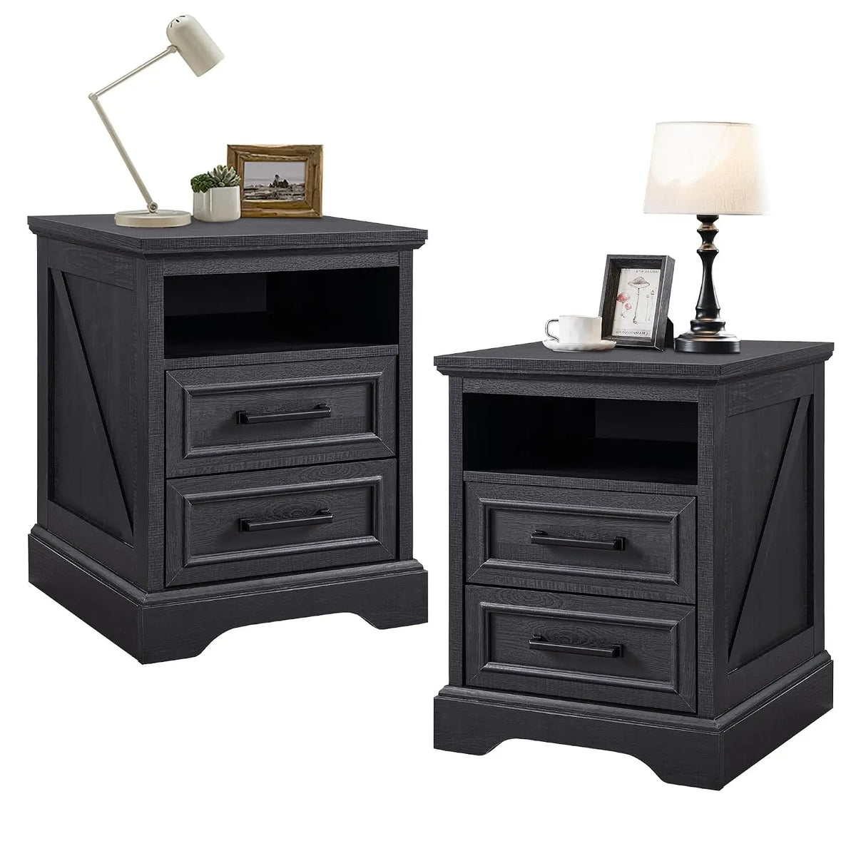 Farmhouse Nightstands Featuring Two Storage Drawers And Charging Station