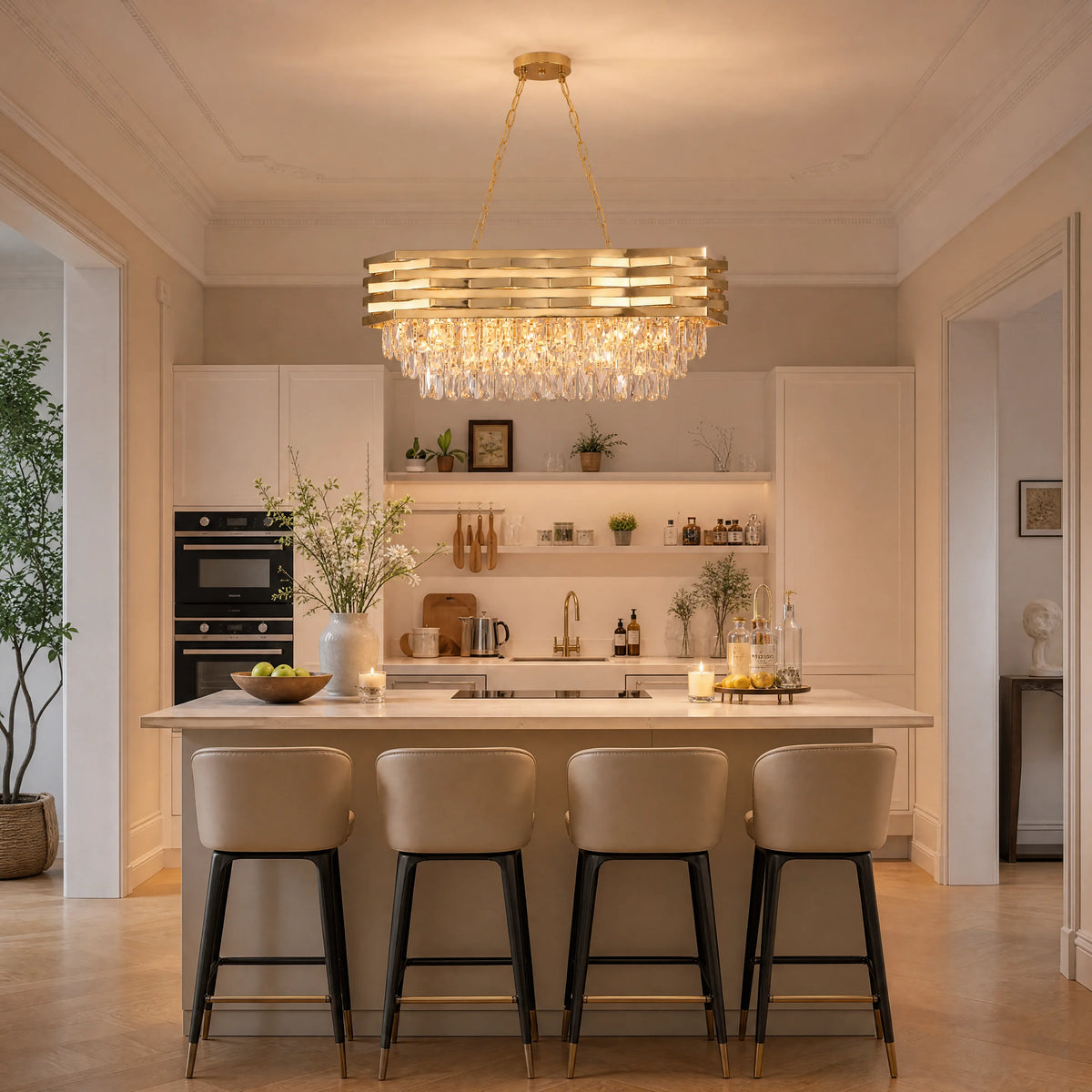 Modern Gold Crystal Chandelier, Luxury Pendant Light with Adjustable Hanging Chain, Rectangular K9 Crystal 8‑Light E14 Base Ceiling Lamp for Kitchen Island Dining Room Living Room