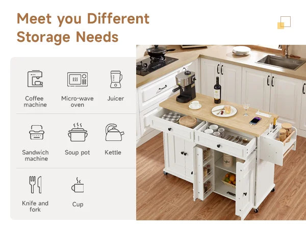 Wooden Rolling Kitchen Island With Storage And Spice Rack
