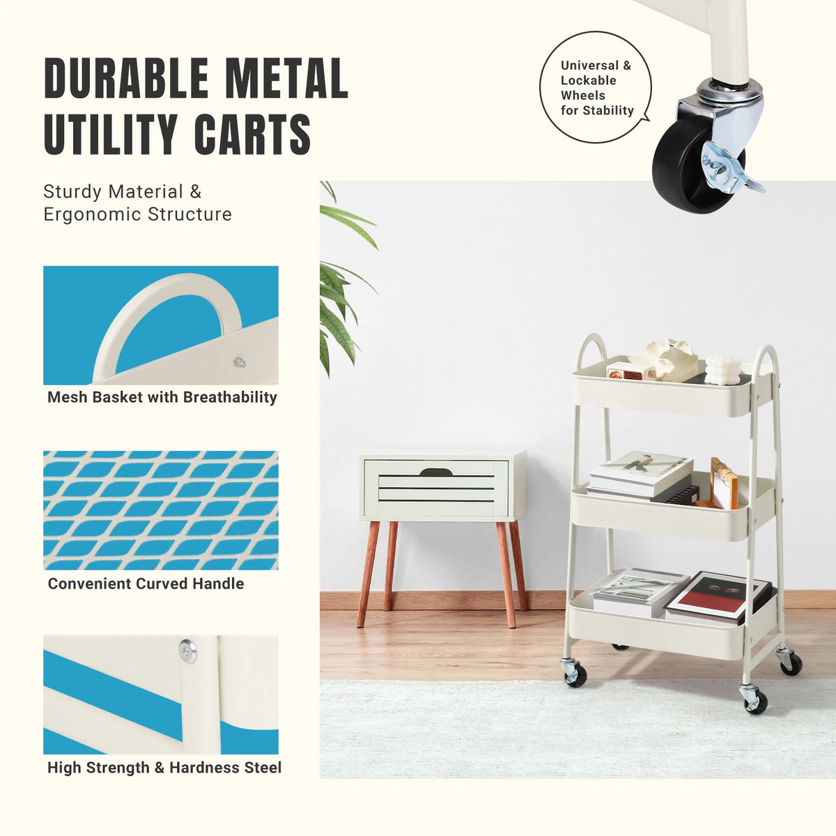 JHK Three Tier Metal Rolling Storage Cart With Lockable Wheels