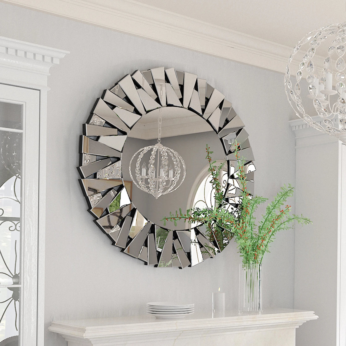 Decorative Round Sunburst Mirror Wall Mounted Beveled Glass