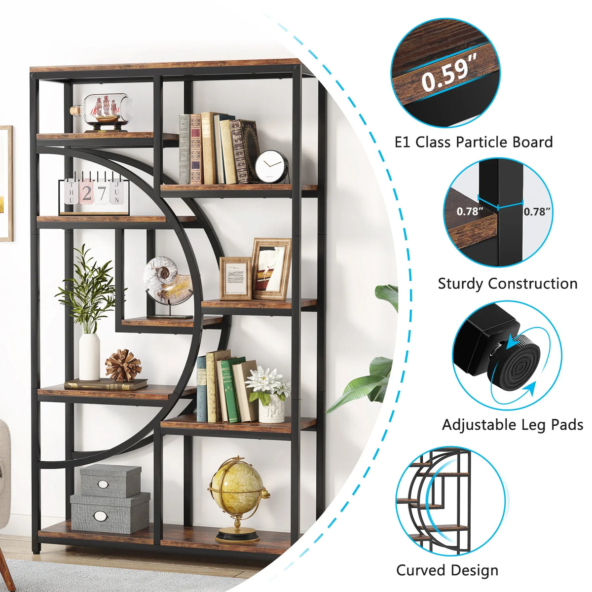 Tribesigns Industrial Five Tier Metal Wood Bookcase Storage Organizer