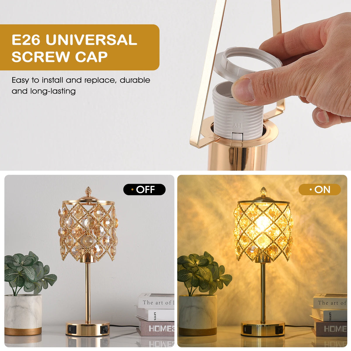 Luxury Crystal Table Lamp With USB Charging Port And AC Outlet