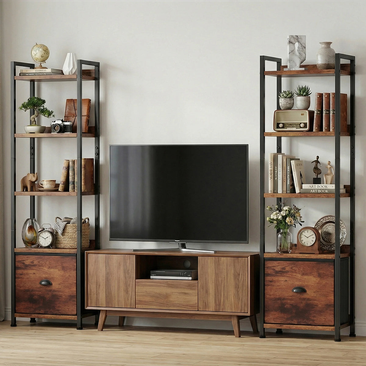 Industrial Metal Bookshelf With Fabric Drawer And Open Storage Shelves