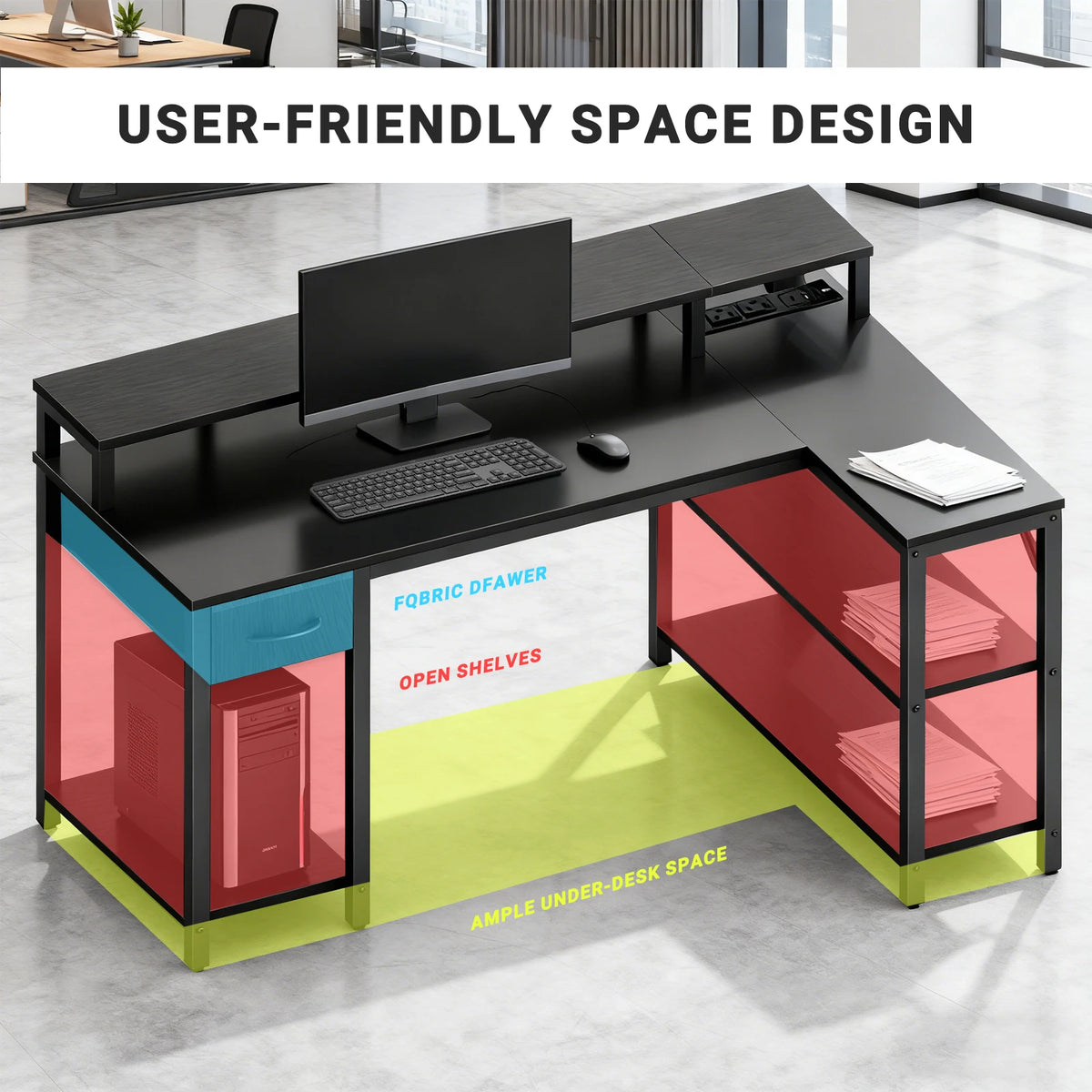 JHK L Shaped Gaming Desk With USB Charging Ports LED