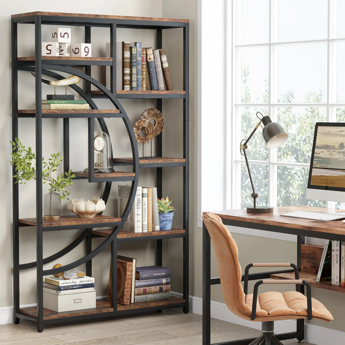 Tribesigns Industrial Five Tier Metal Wood Bookcase Storage Organizer