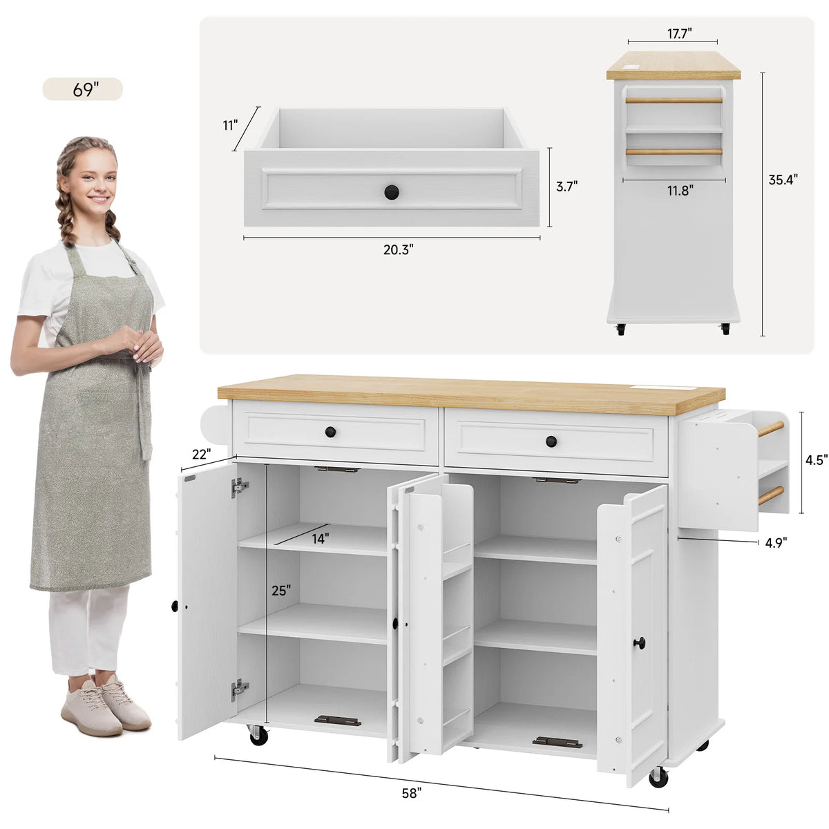 Wooden Rolling Kitchen Island With Storage And Spice Rack