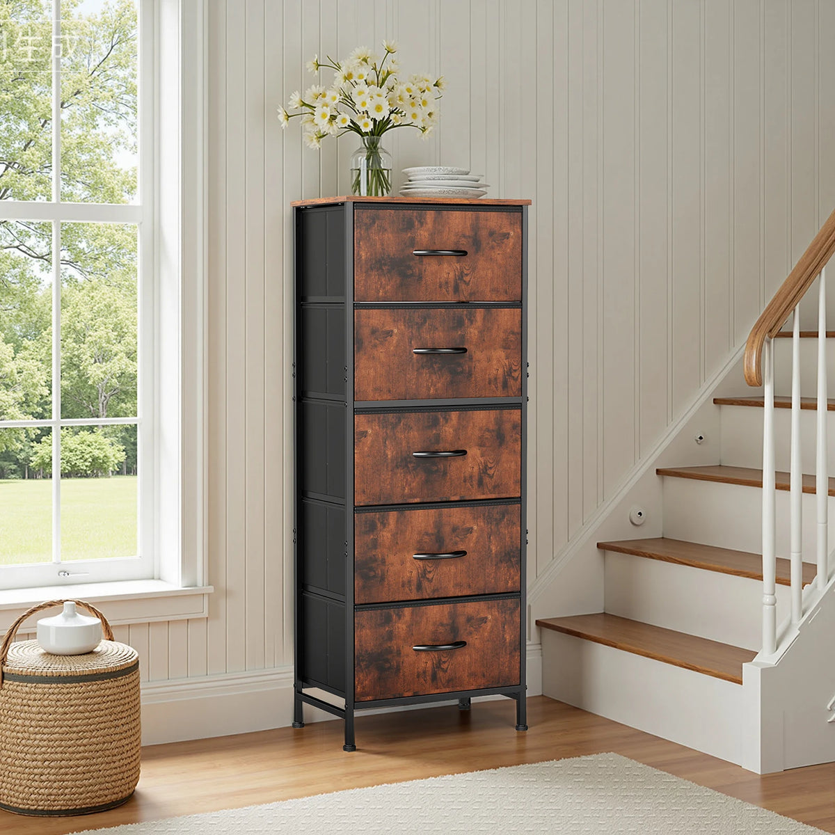 JHK Bedroom Dresser With 5 Fabric Drawers Steel Frame Nightstand