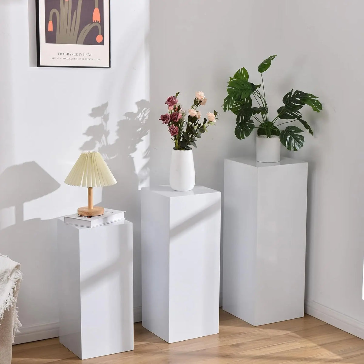 3Pcs White Metal Display Pedestal Stand for Party Wedding Sculpture Cylindrical Holder for Home Garden Decoration