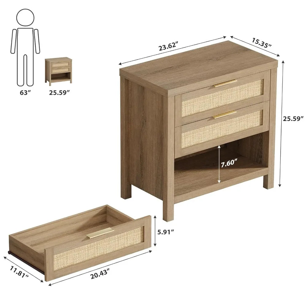 Farmhouse Rattan Nightstands Set Of 2 Drawers Bedside Accent Table