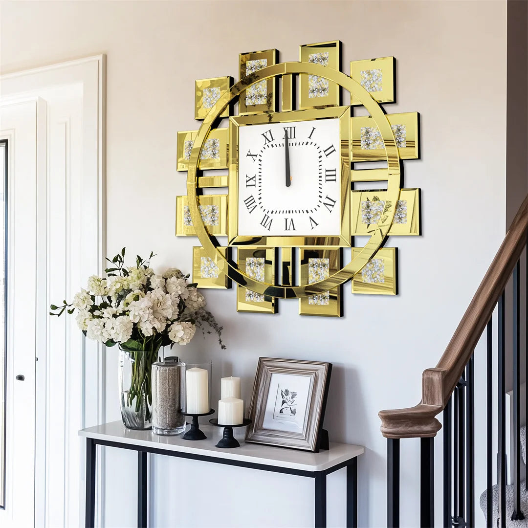 Decorative Wall Clock With Crystal Diamond Inlay Battery Powered