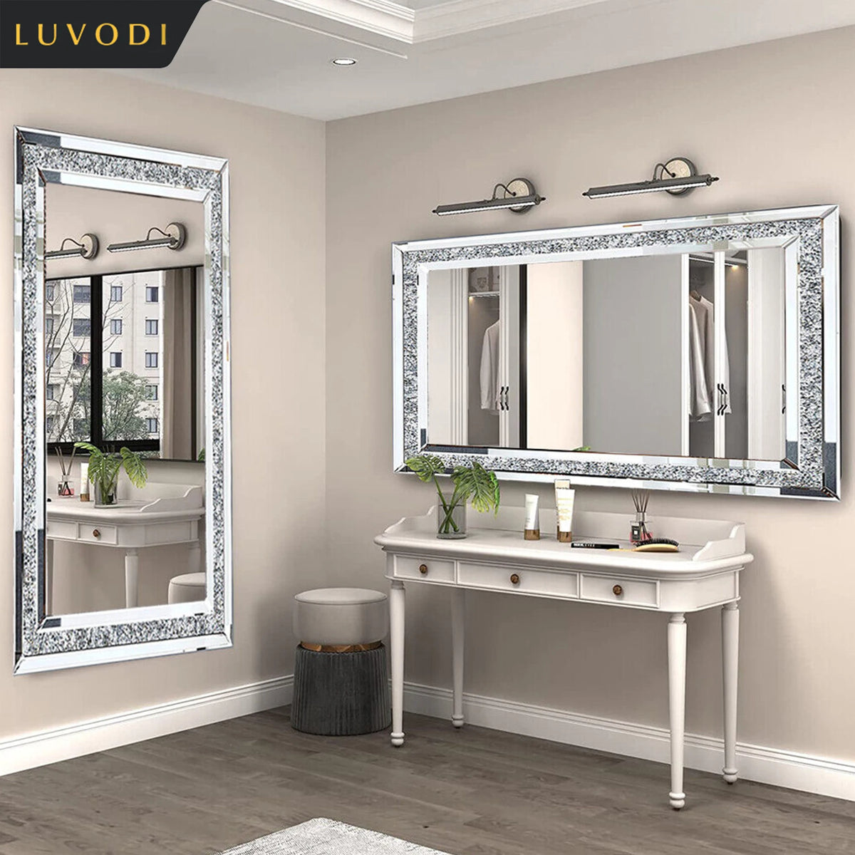 LUVODI Crystal Rhinestone Frameless Wall Mounted Vanity Mirror