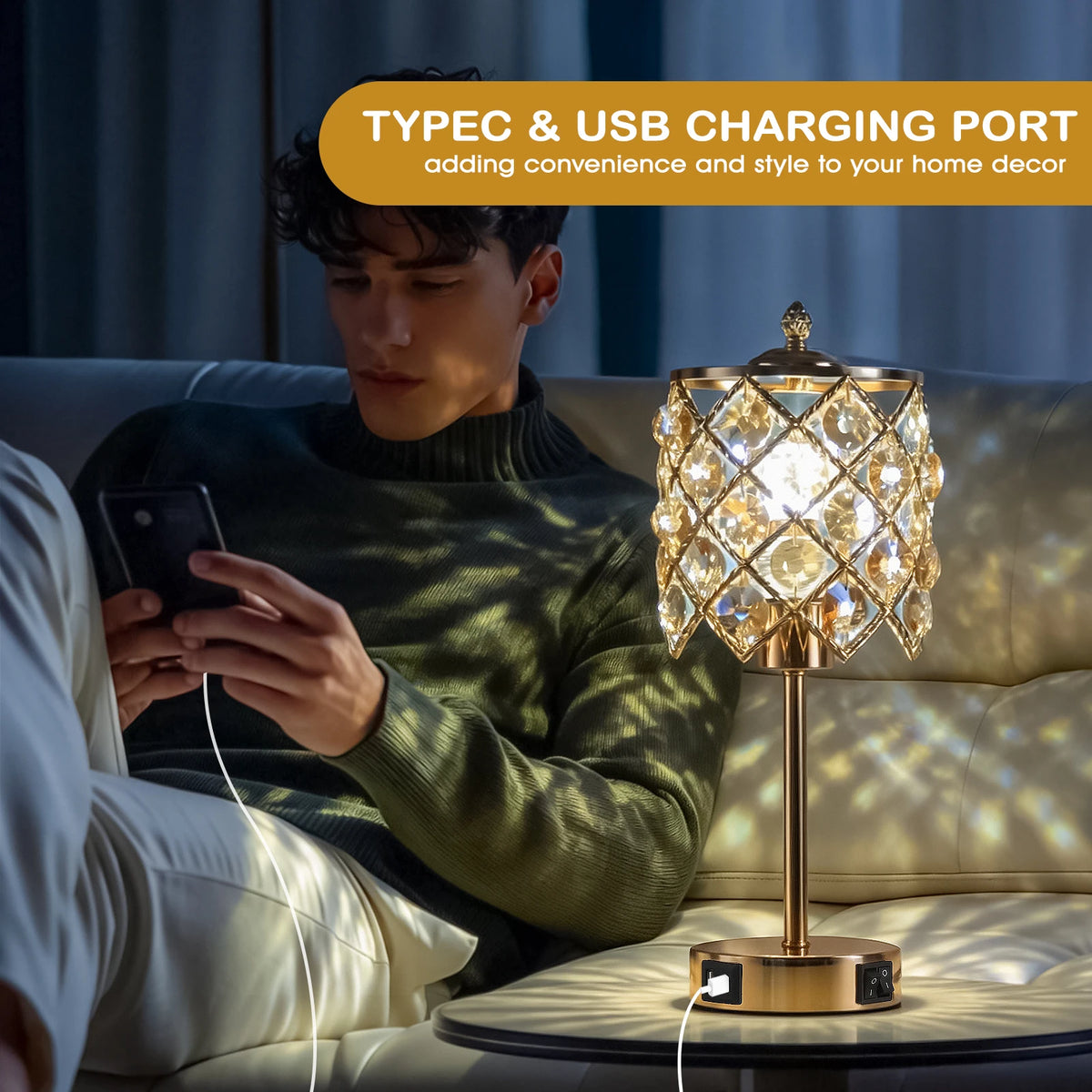 Luxury Crystal Table Lamp With USB Charging Port And AC Outlet