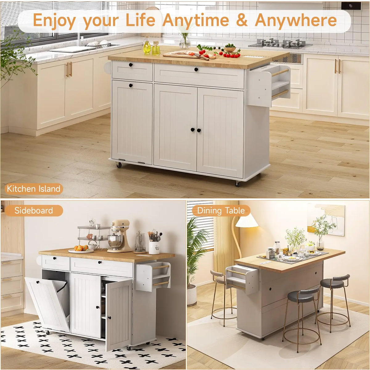 Onbrill Mobile Kitchen Island Wooden Cart With Power Outlet