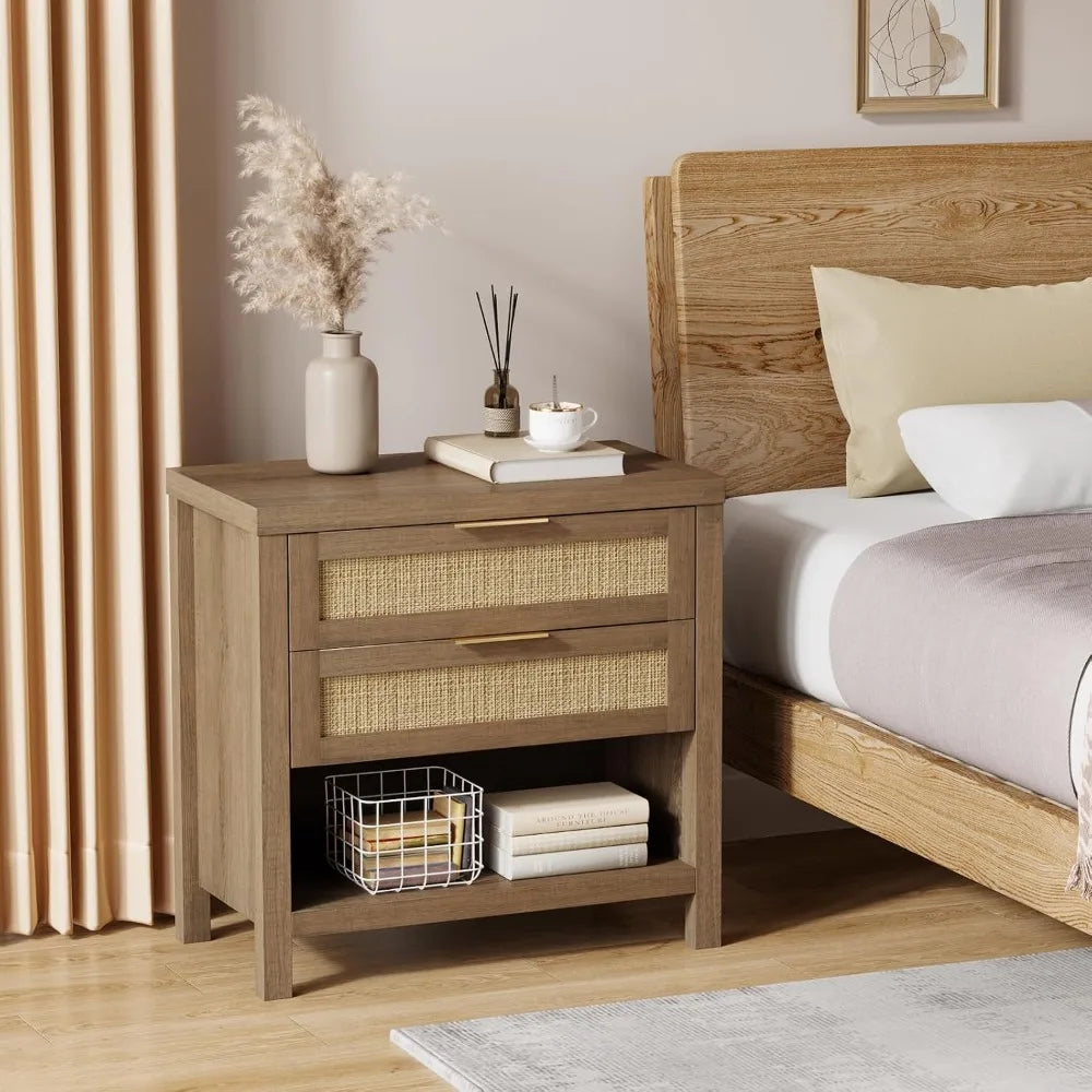 Farmhouse Rattan Nightstands Set Of 2 Drawers Bedside Accent Table