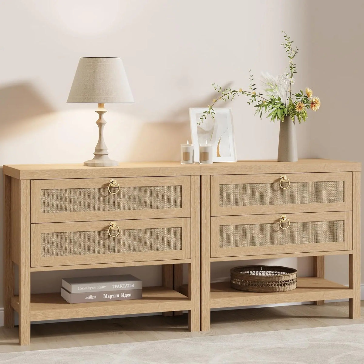 Modern Rattan Bedroom Nightstands With Drawers And Storage Shelf