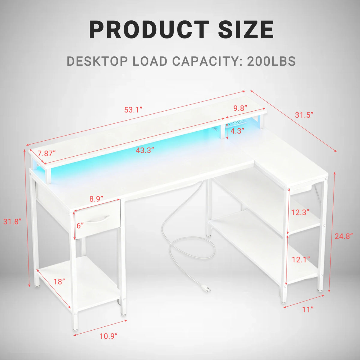 JHK L Shaped Gaming Desk With USB Charging Ports LED