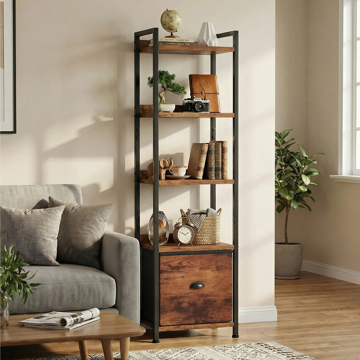 Industrial Metal Bookshelf With Fabric Drawer And Open Storage Shelves