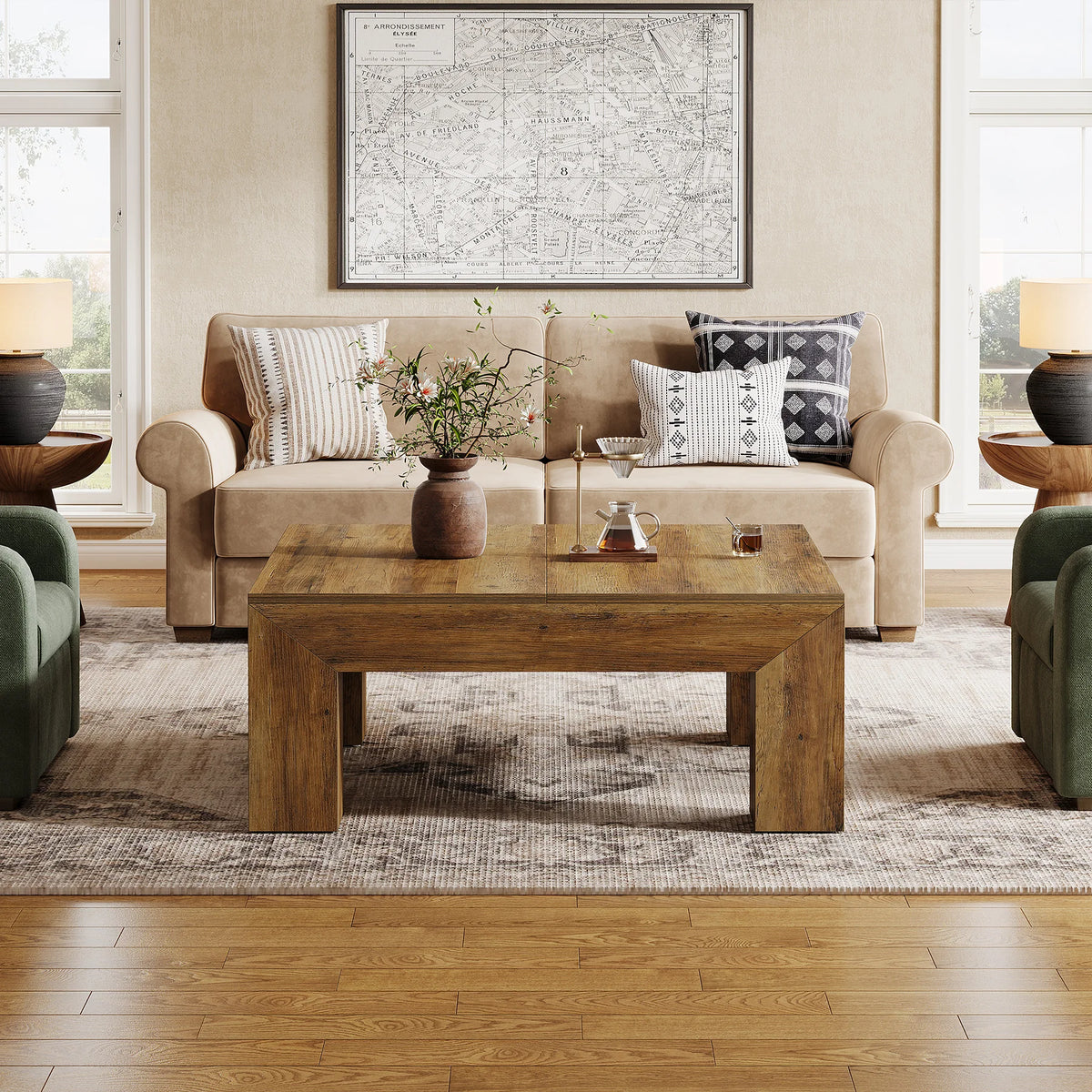 Tribesigns Square Farmhouse Coffee Table With Wooden Legs