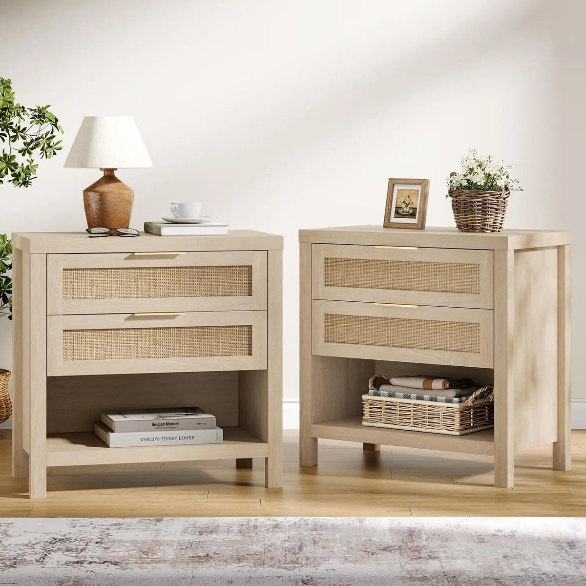 Farmhouse Rattan Nightstands Set Of 2 Drawers Bedside Accent Table