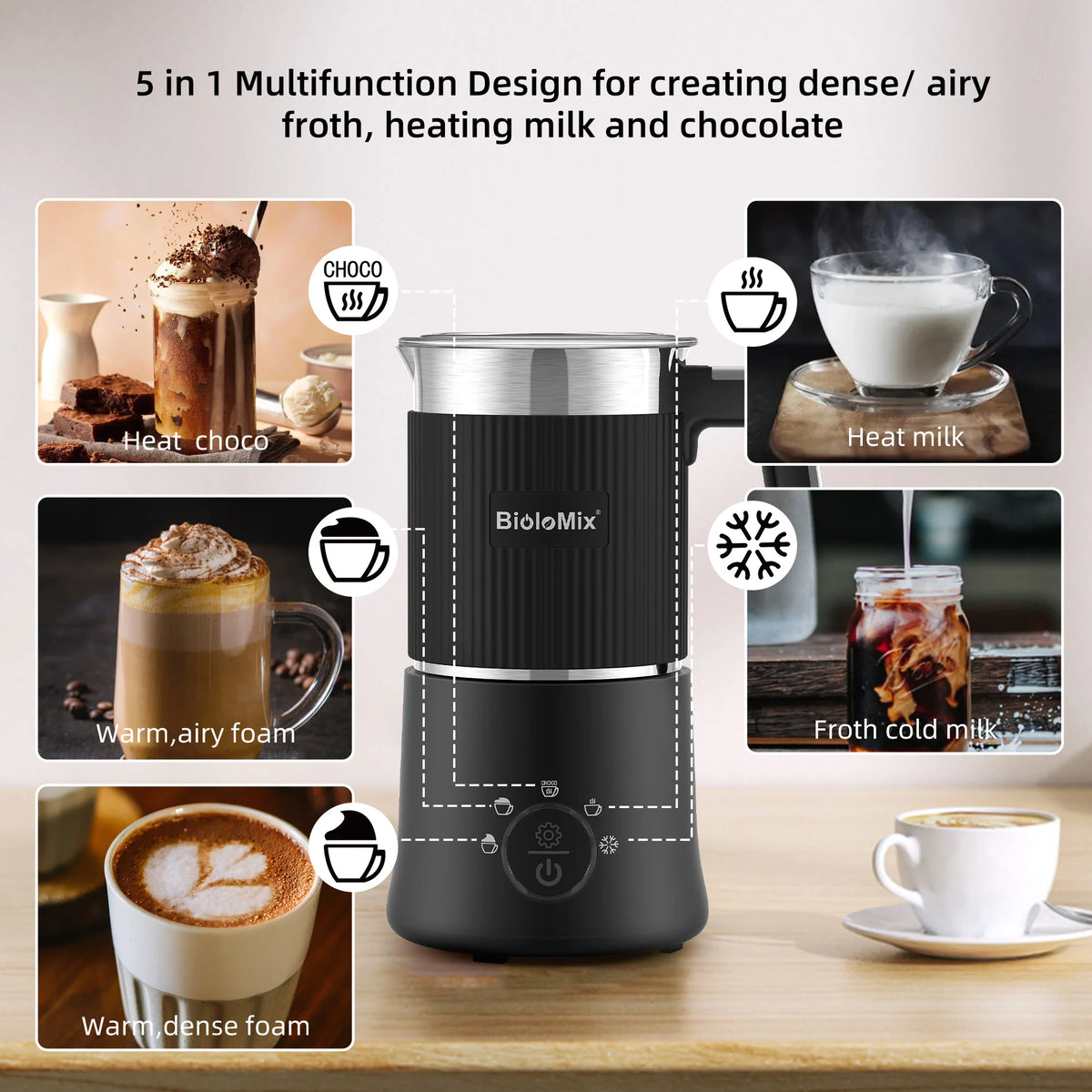 BioloMix Automatic 5 In 1 Detachable Milk Frother Steamer