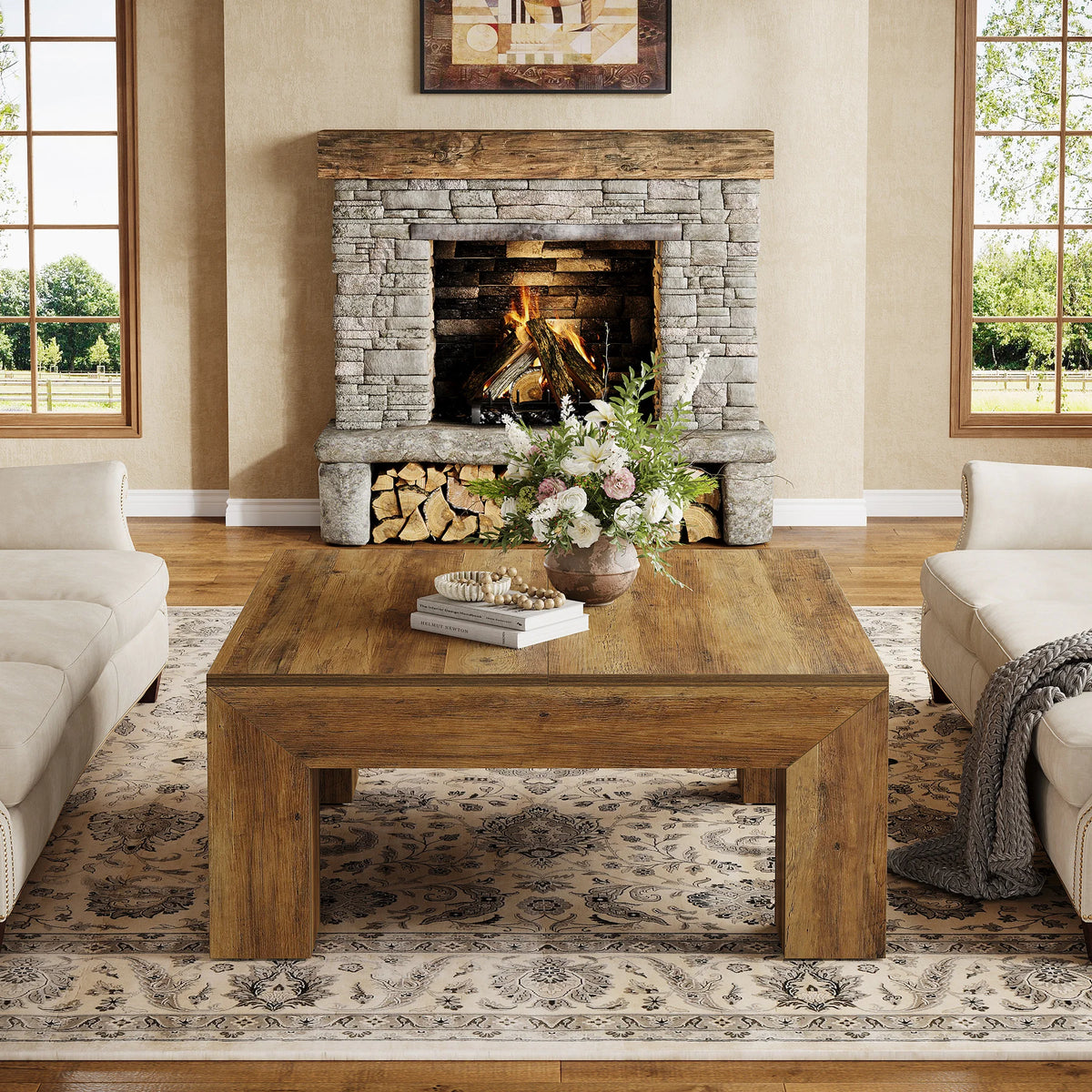 Tribesigns Square Farmhouse Coffee Table With Wooden Legs