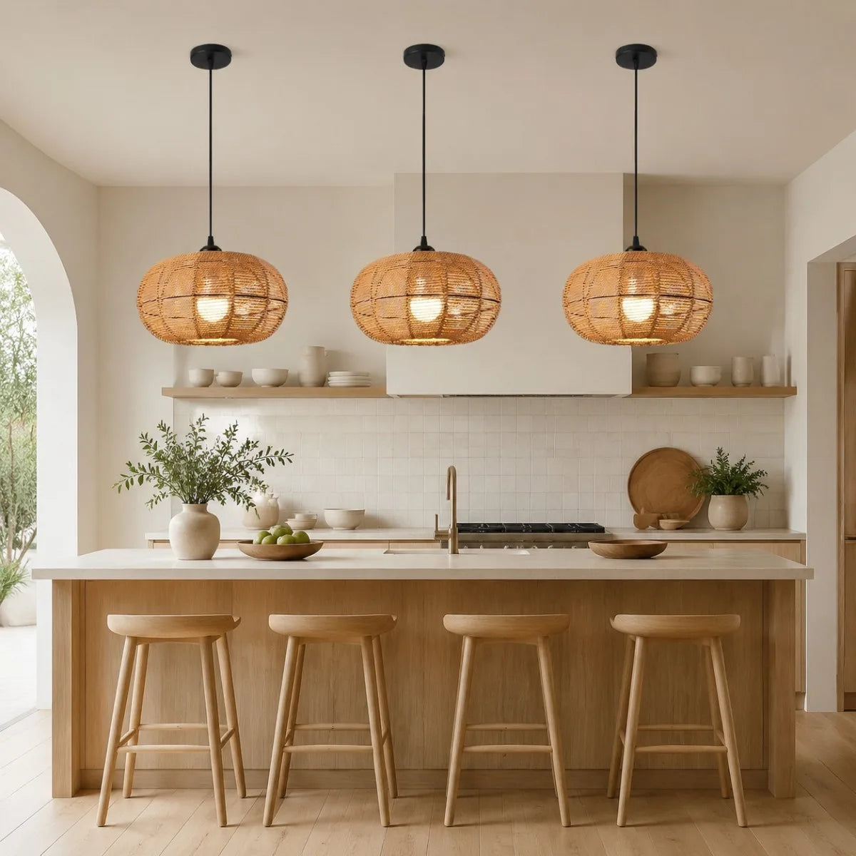 JOYINLED Hand Woven Rattan Boho Pendant Light Fixture