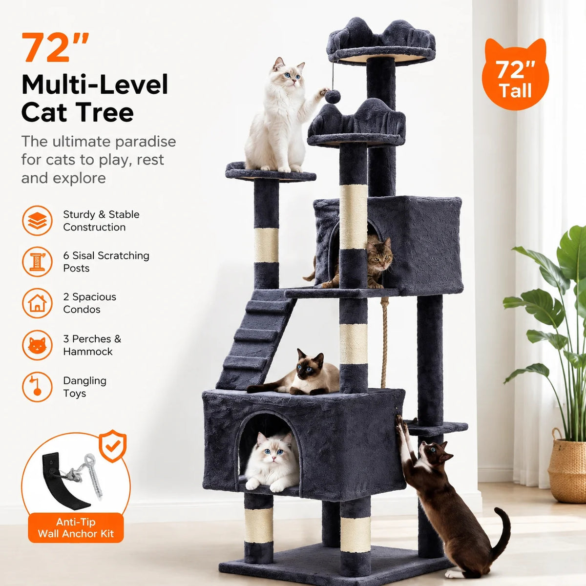 Multi-Level Cat Tree For Large Cats With Scratching Posts Condos