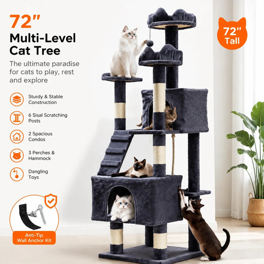 Multi-Level Cat Tree For Large Cats With Scratching Posts Condos