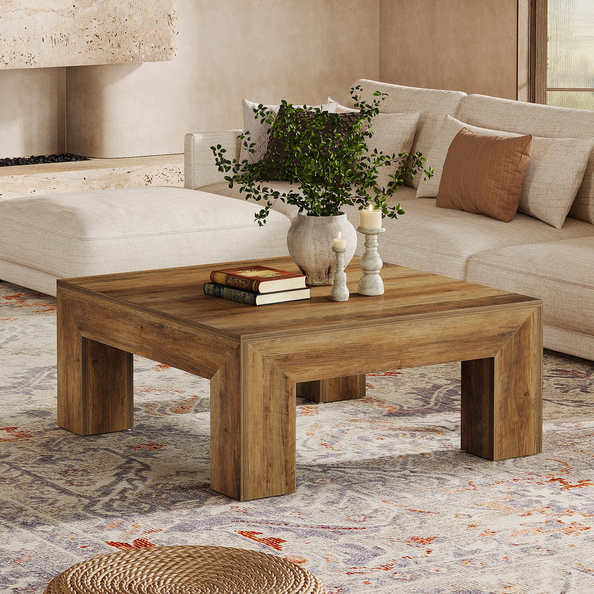Tribesigns Square Farmhouse Coffee Table With Wooden Legs
