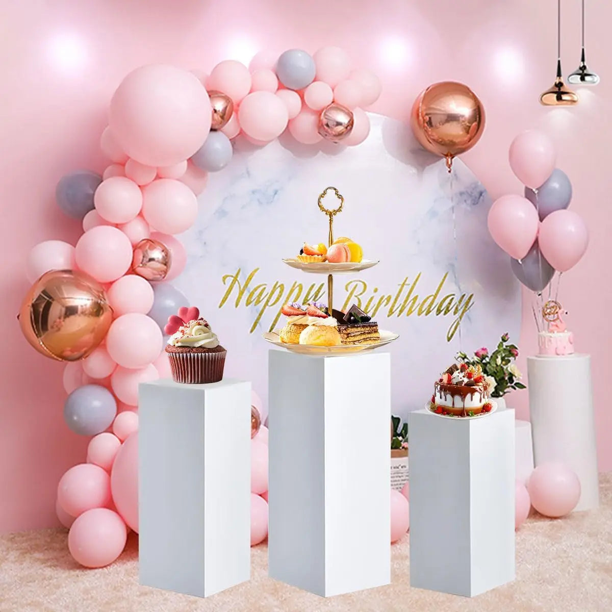 3Pcs White Metal Display Pedestal Stand for Party Wedding Sculpture Cylindrical Holder for Home Garden Decoration