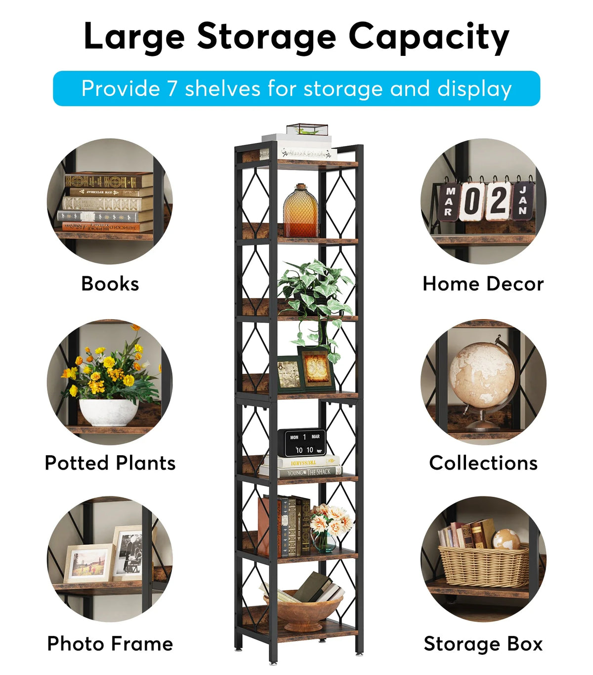 Tribesigns 7 Tier Wooden Bookshelf For Home Office Display Rack